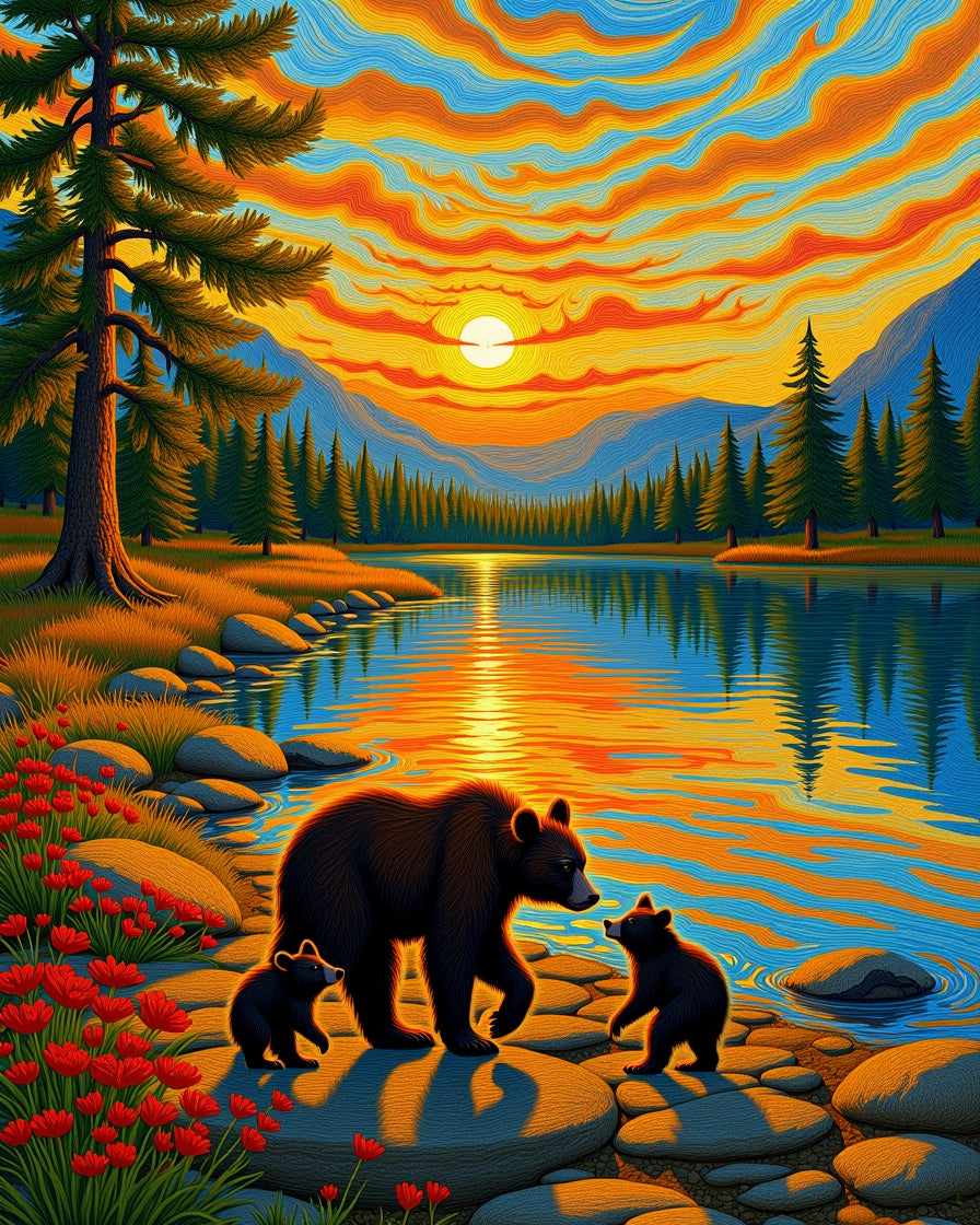Vibrant Sunset Bear Family Lake Landscape Rug