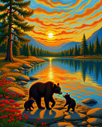 Vibrant Sunset Bear Family Lake Landscape Rug