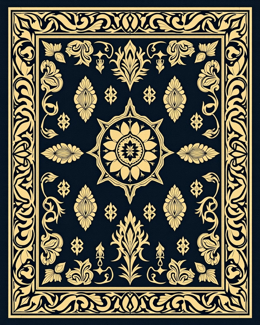 Golden Floral Medallion Navy Rug