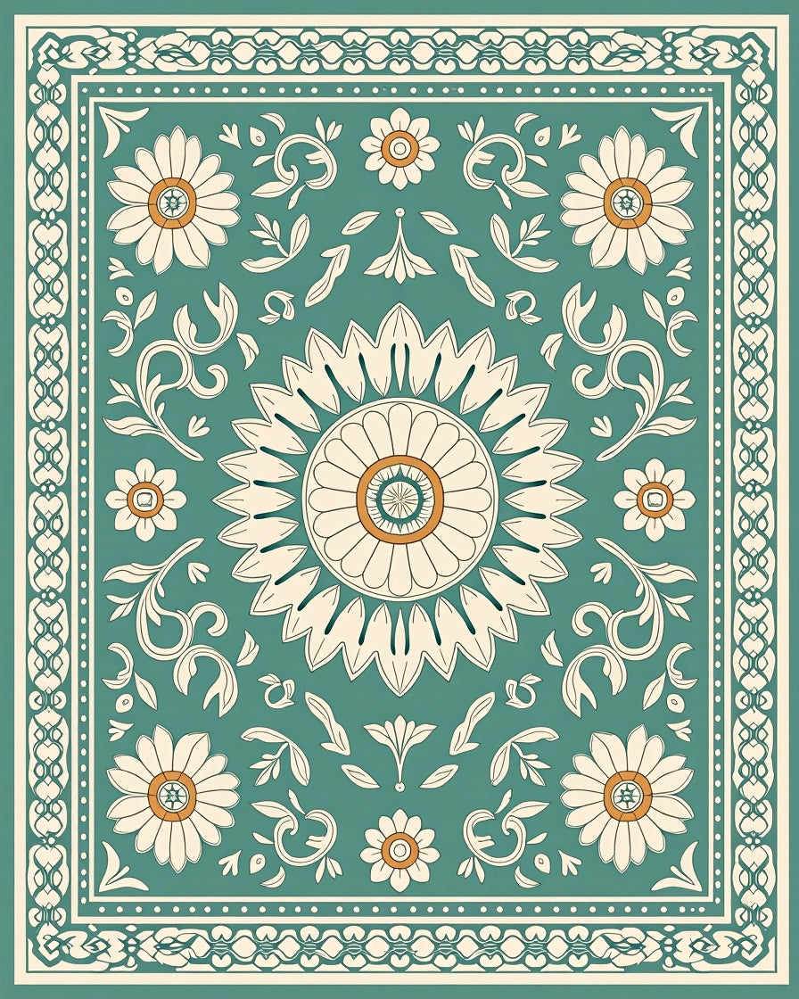 Teal Damask Floral Medallion Rug