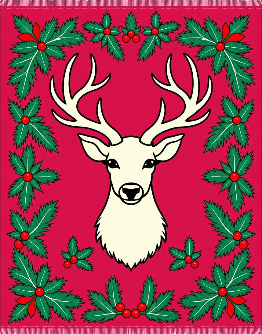 Crimson Reindeer Holly Border Rug