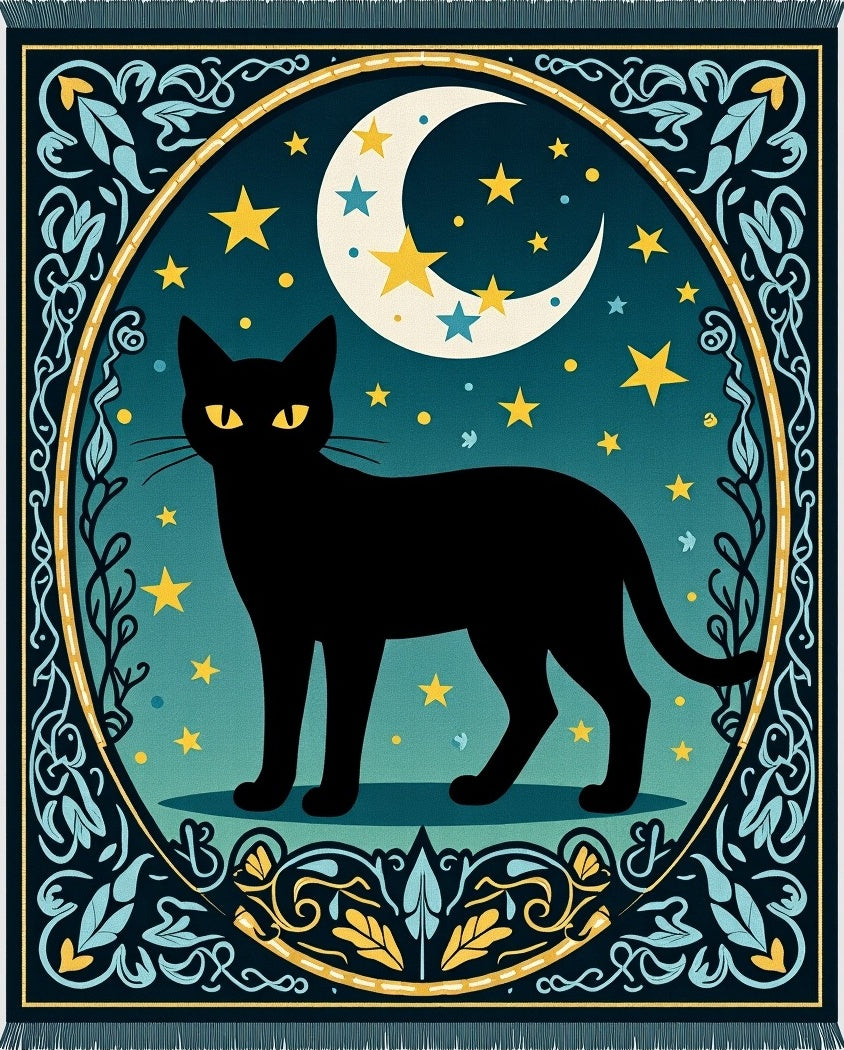 Whimsical Black Cat Moon Stars Rug