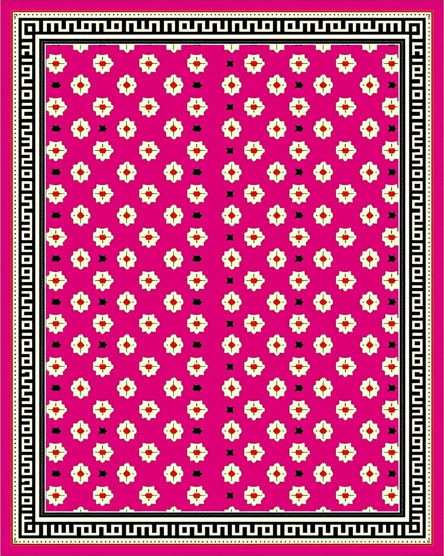 Pink Floral With Black Greek Border Rug