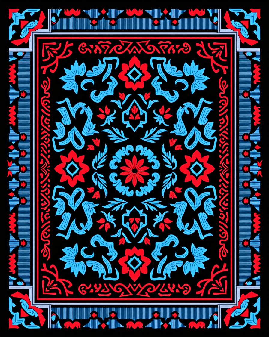 Bold Red Blue Floral Medallion Rug