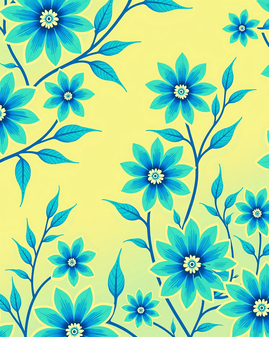 Bright Teal Floral Branches Yellow Background Rug