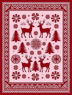 Crimson Deer Snowflake Trees Border Rug