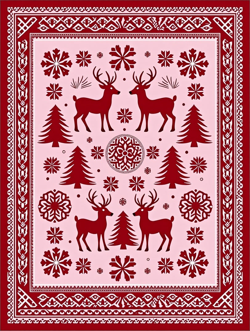 Crimson Deer Snowflake Trees Border Rug