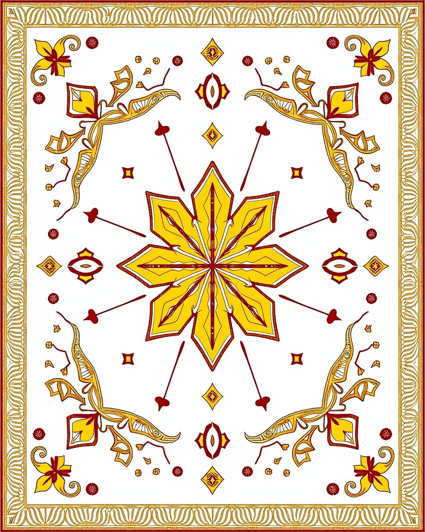 Golden Yellow Red Starburst Medallion Rug