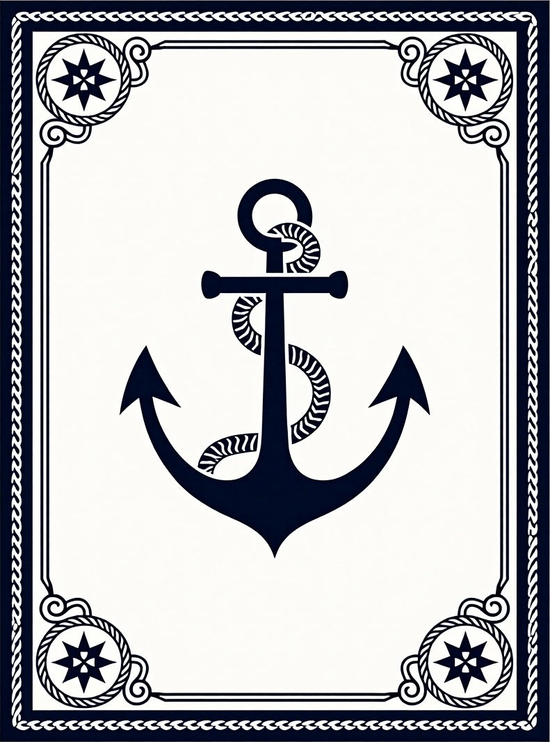 Navy Anchor Compass Rose Border Rug