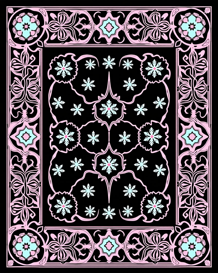 Pastel Pink Floral Black Medallion Rug