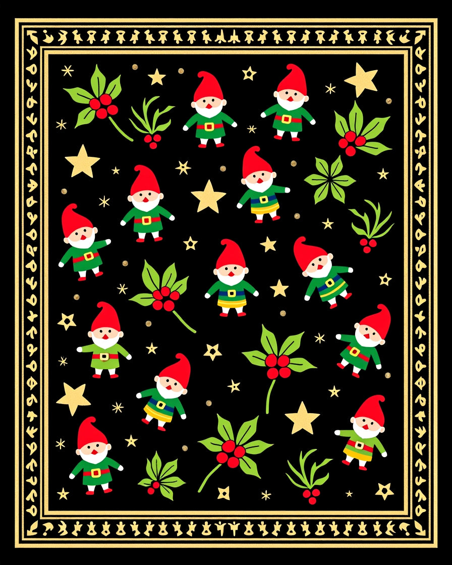 Black Gnomes Holly Stars Border Rug