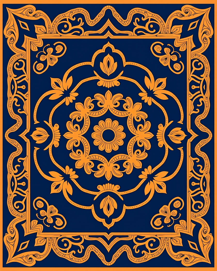 Navy Orange Floral Scroll Medallion Rug