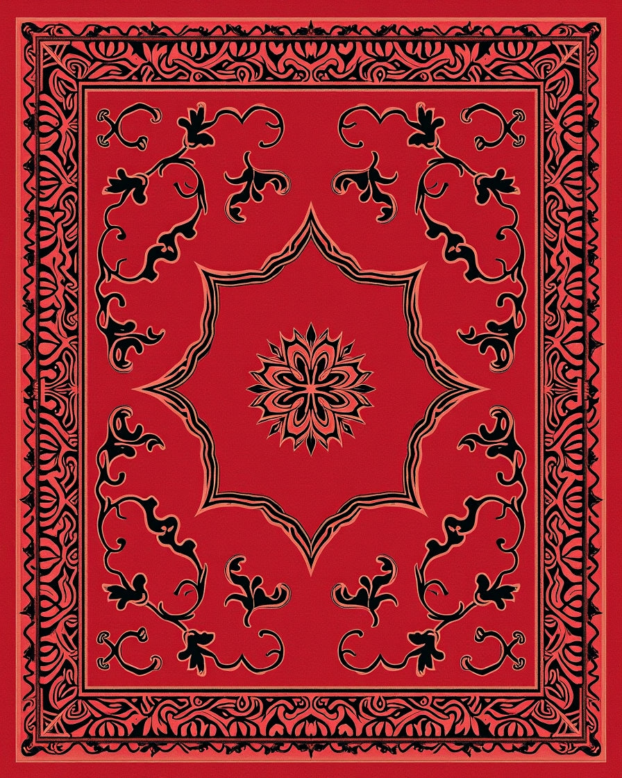 Red Black Floral Medallion Border Rug