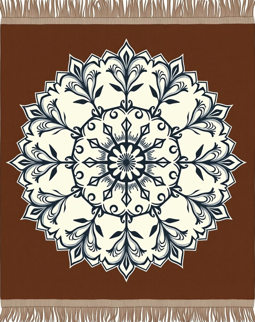 Brown Cream Navy Floral Medallion Rug