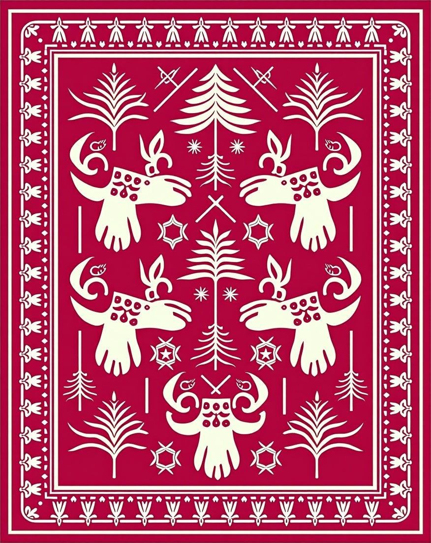 Crimson Folk Reindeer Forest Accents Rug