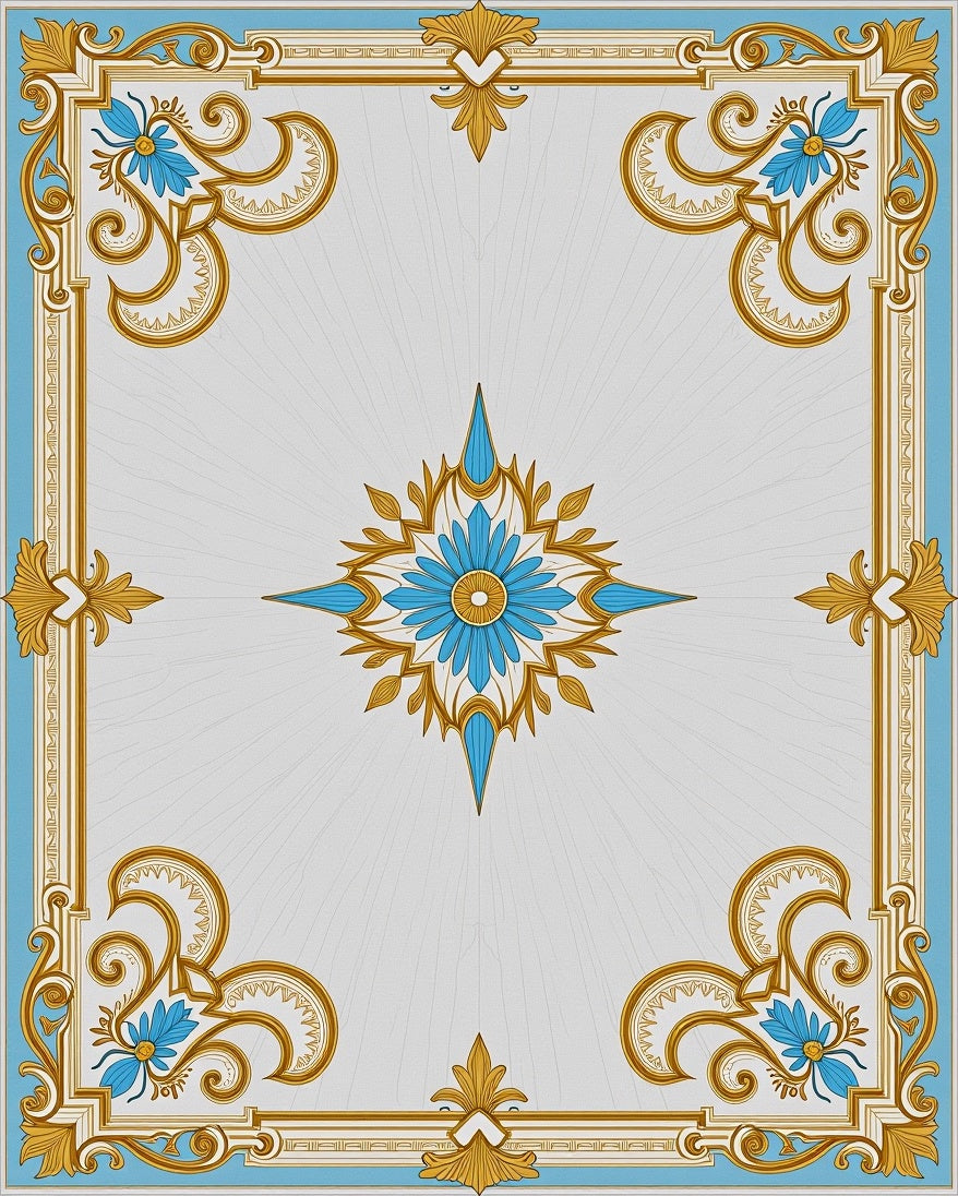 Ornate Blue Gold Floral Medallion Border Rug