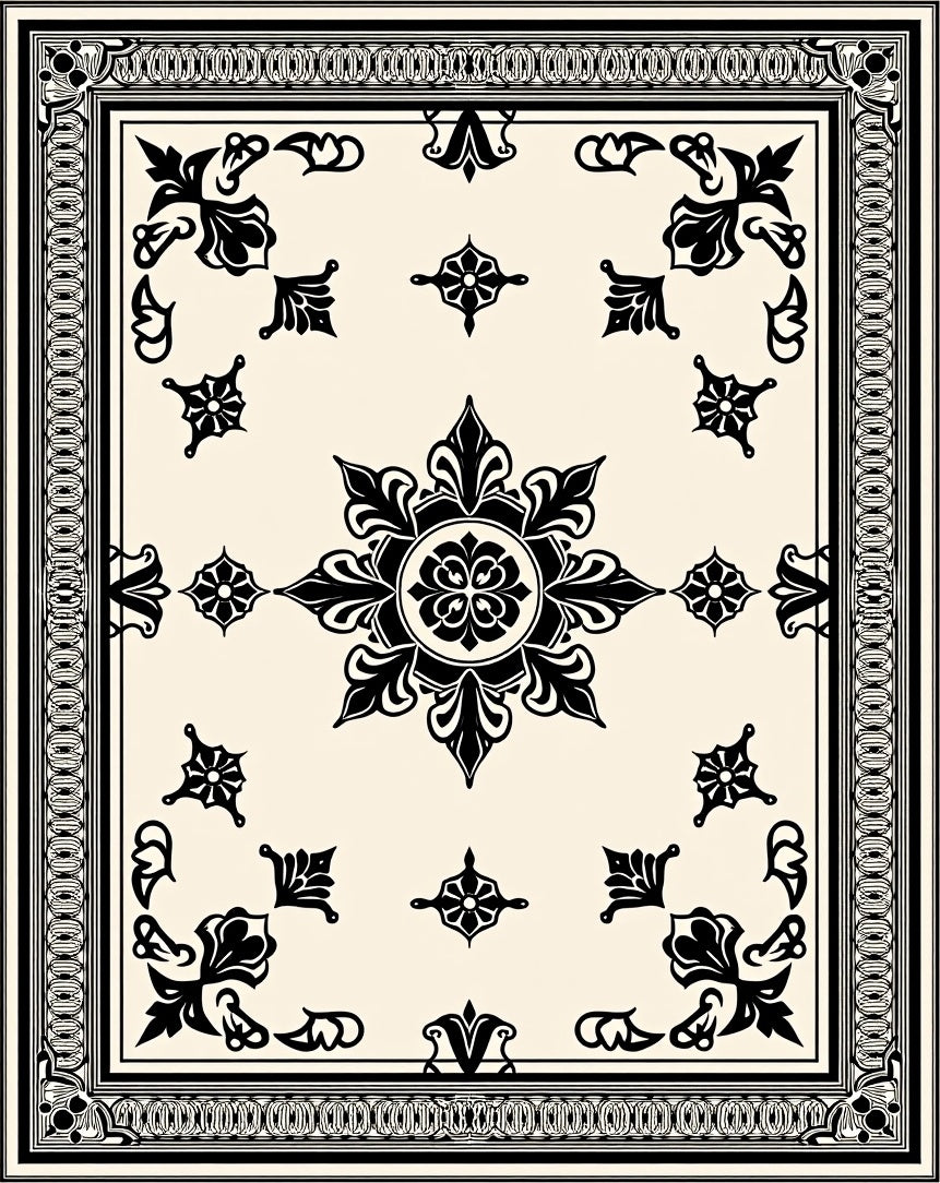 Cream Black Ornate Floral Medallion Rug