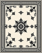 Cream Black Ornate Floral Medallion Rug