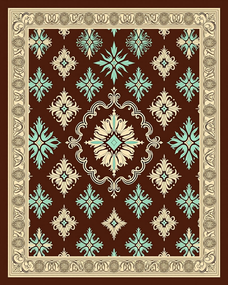 Rich Brown Teal Cream Medallion Border Rug