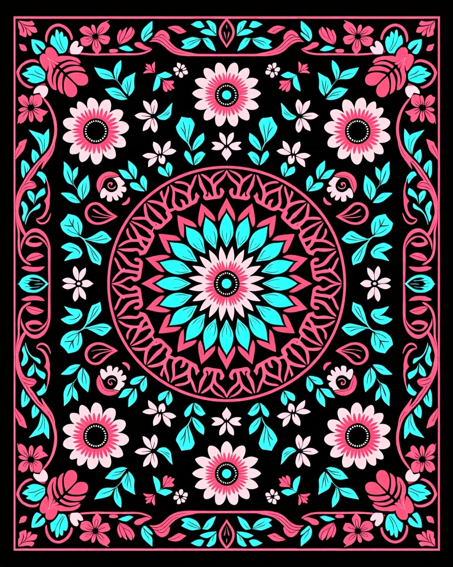 Vibrant Pink Teal Floral Medallion Rug