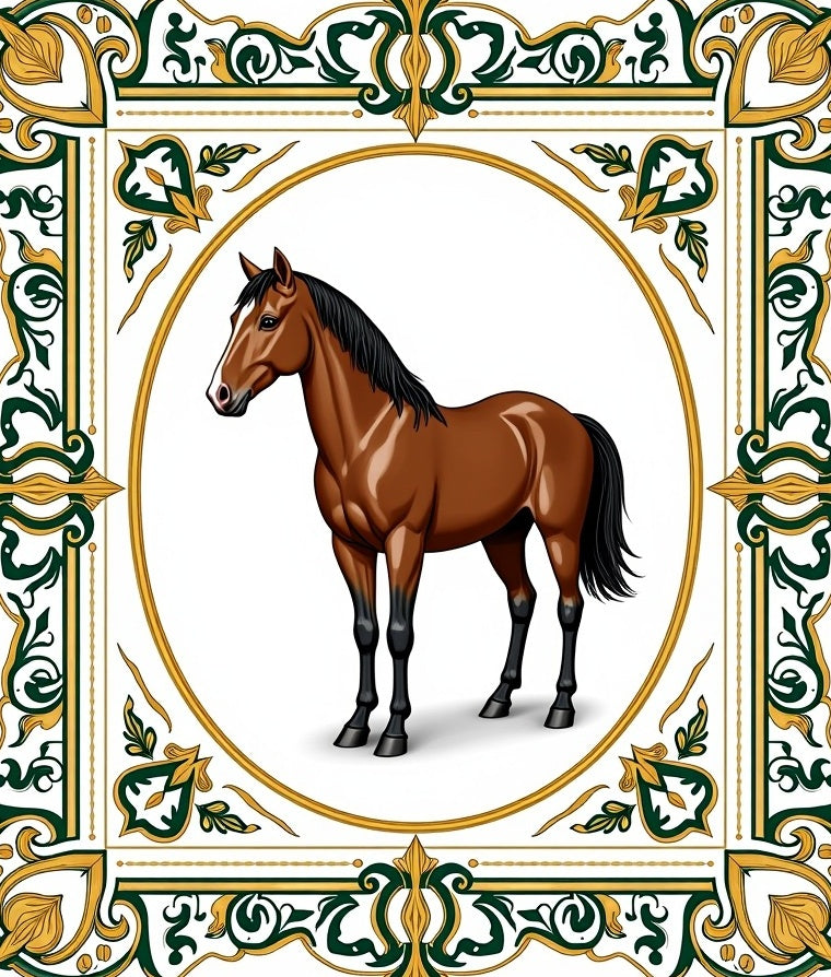 Brown Horse Oval Frame Scrollwork Rug