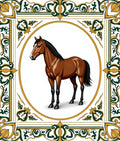 Brown Horse Oval Frame Scrollwork Rug