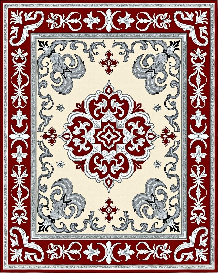 Crimson Ivory Floral Medallion Border Rug