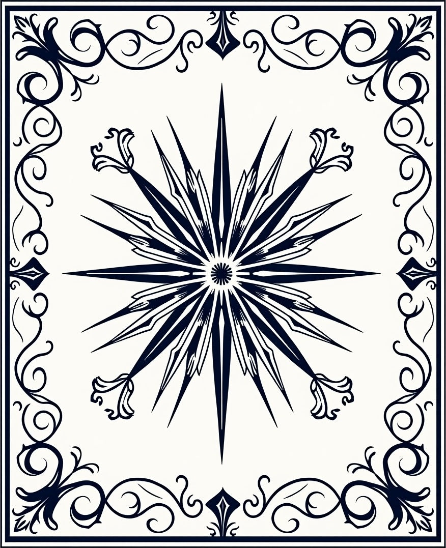 Navy Starburst Scrollwork Border Rug