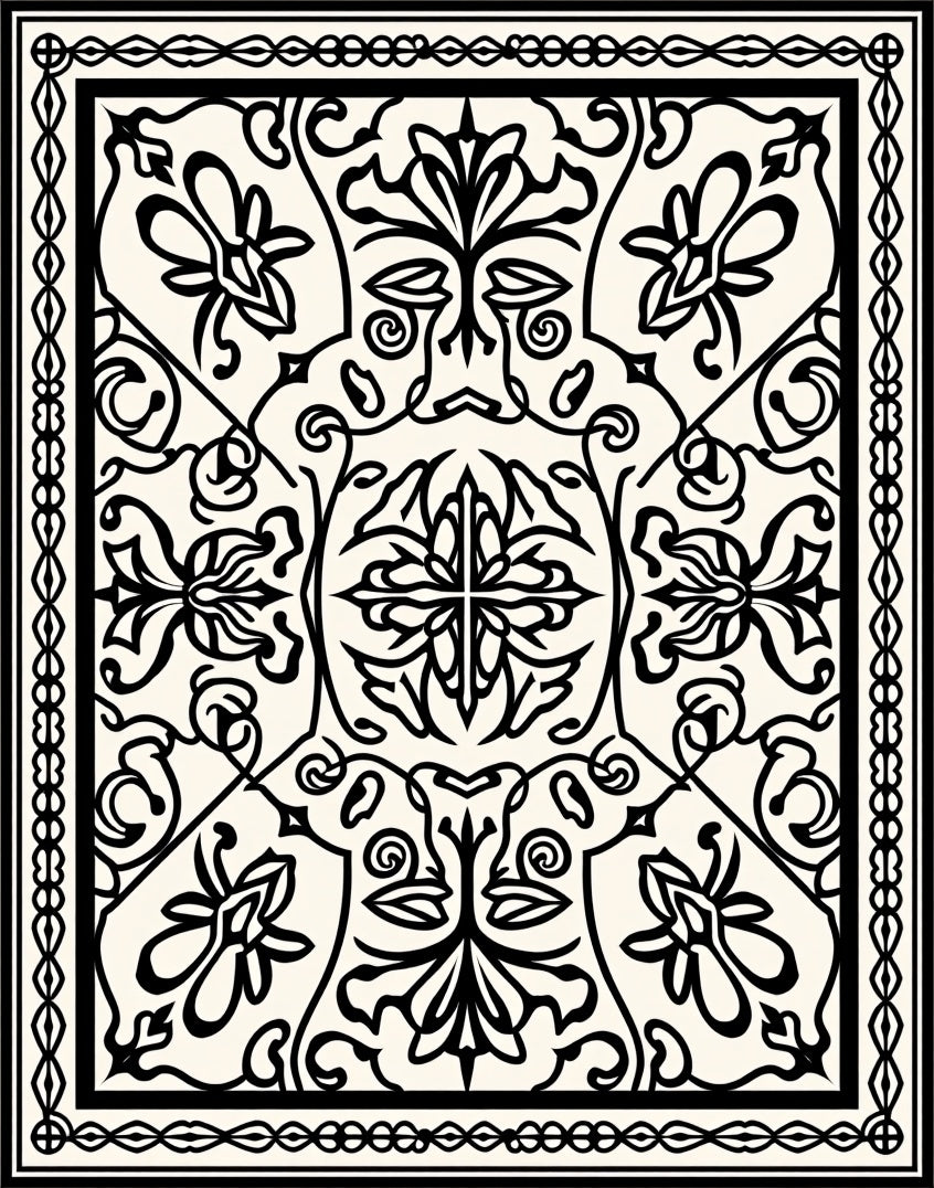 Cream Black Ornate Floral Motif Rug