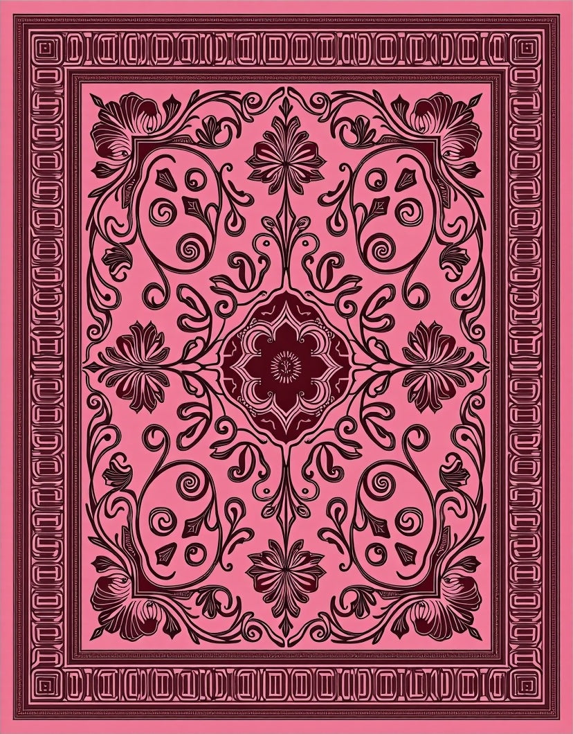 Vintage Pink Floral Scroll Medallion Rug