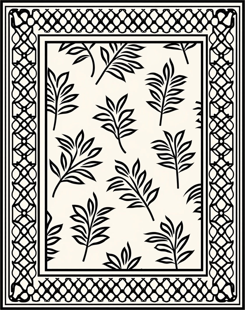 Black and White Leafy Botanical Border Rug