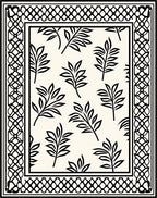 Black and White Leafy Botanical Border Rug