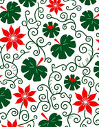 Red Floral Green Leaf Vine Swirls Rug