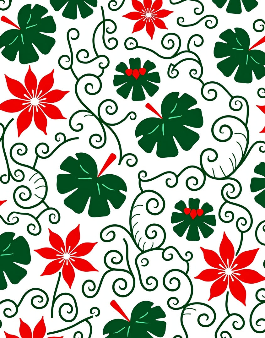 Red Floral Green Leaf Vine Swirls Rug