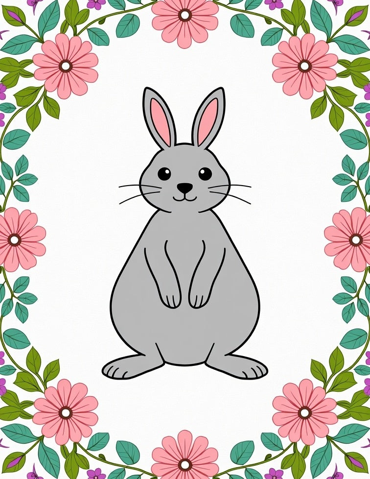 Gray Bunny Surrounded by Pink Flowers Rug