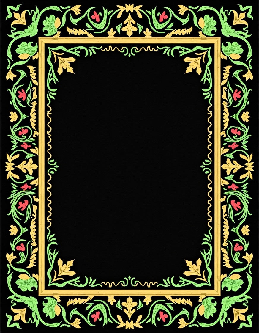 Ornate Gold Green Floral Border Rug