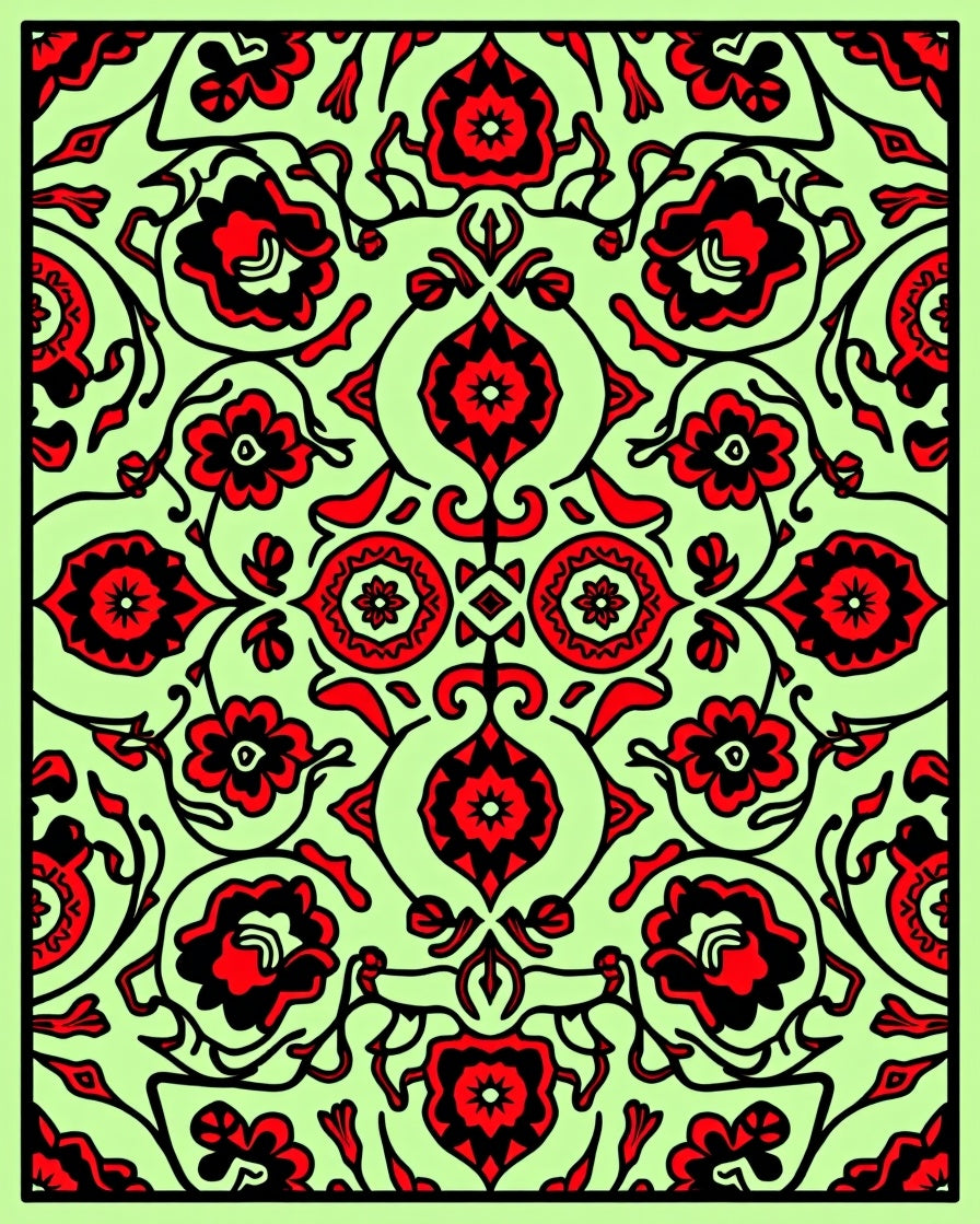 Red Floral Medallion Light Green Background Rug