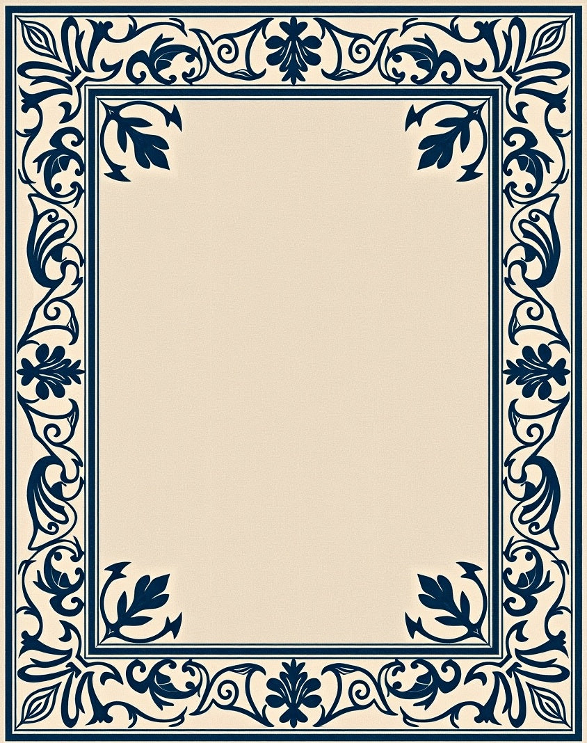 Navy Blue Ornate Floral Border Rug
