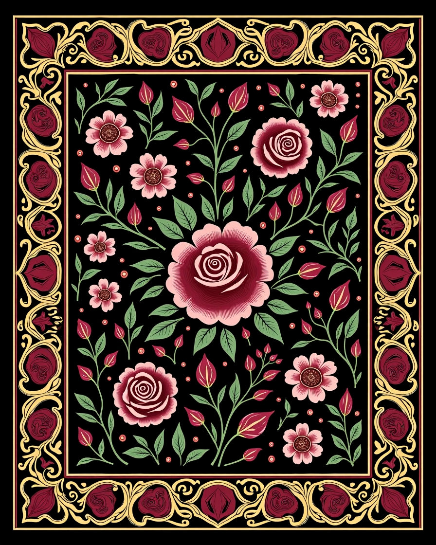 Ornate Black Floral Rose Garland Rug