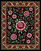 Ornate Black Floral Rose Garland Rug