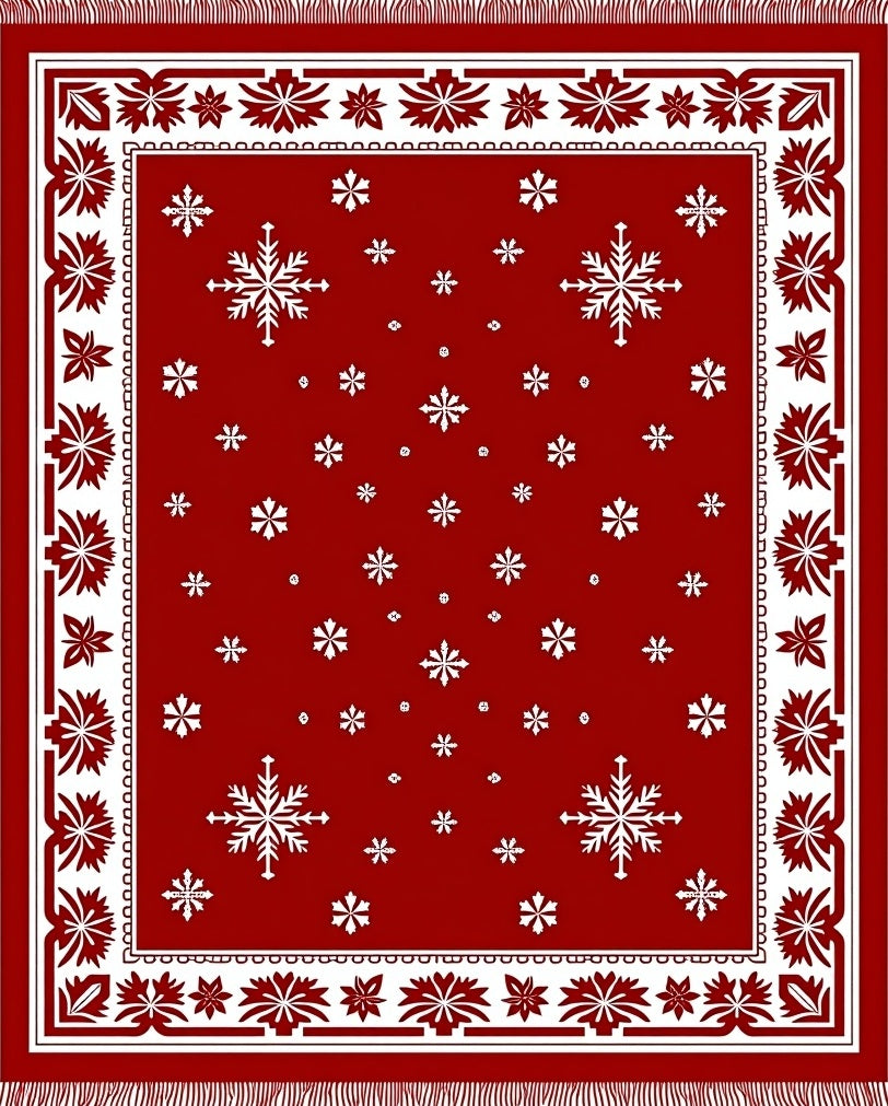 Crimson Snowflakes Geometric Border Rug