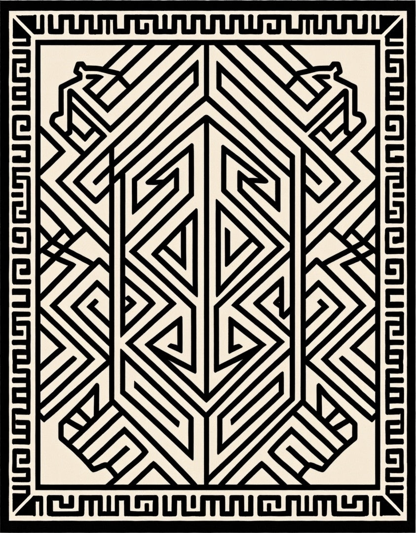 Cream and Black Geometric Tribal Rug