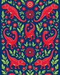 Red Dinosaur Floral Navy Scene Rug