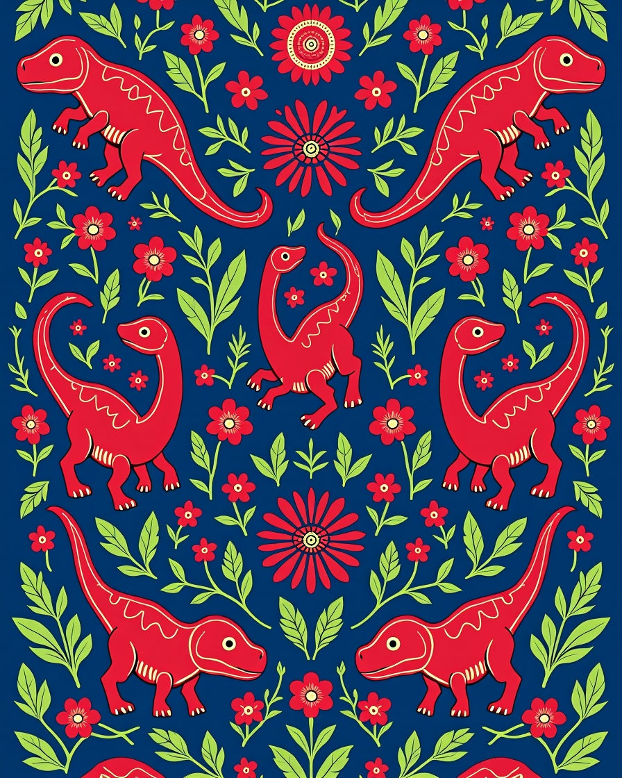 Red Dinosaur Floral Navy Scene Rug