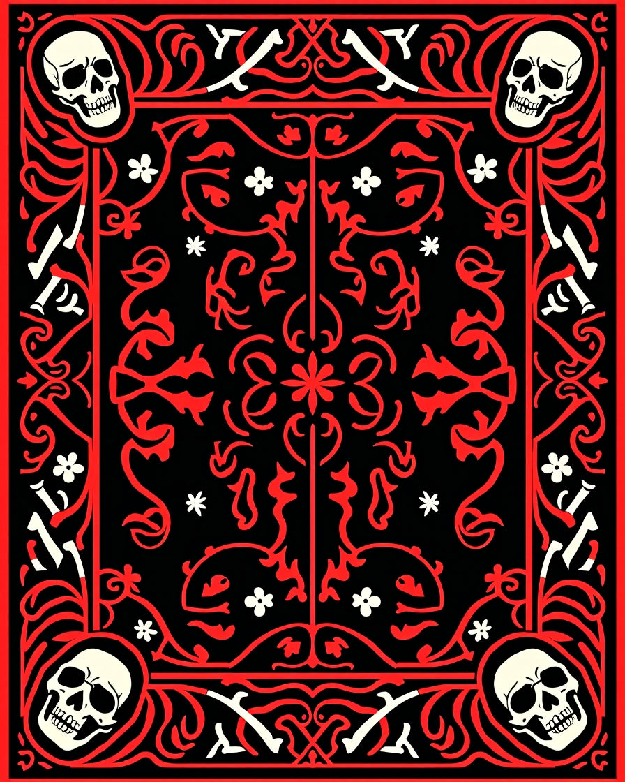 Red Skulls Bone Floral Border Accent Rug