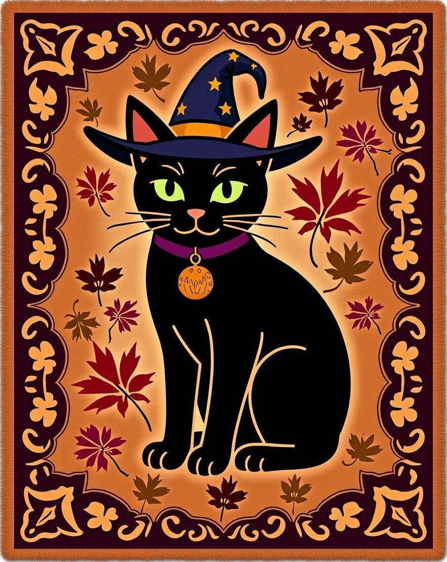 Whimsical Black Cat Wizard Autumn Rug