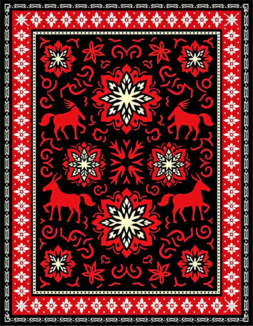 Bold Red Horse Floral Medallion Rug