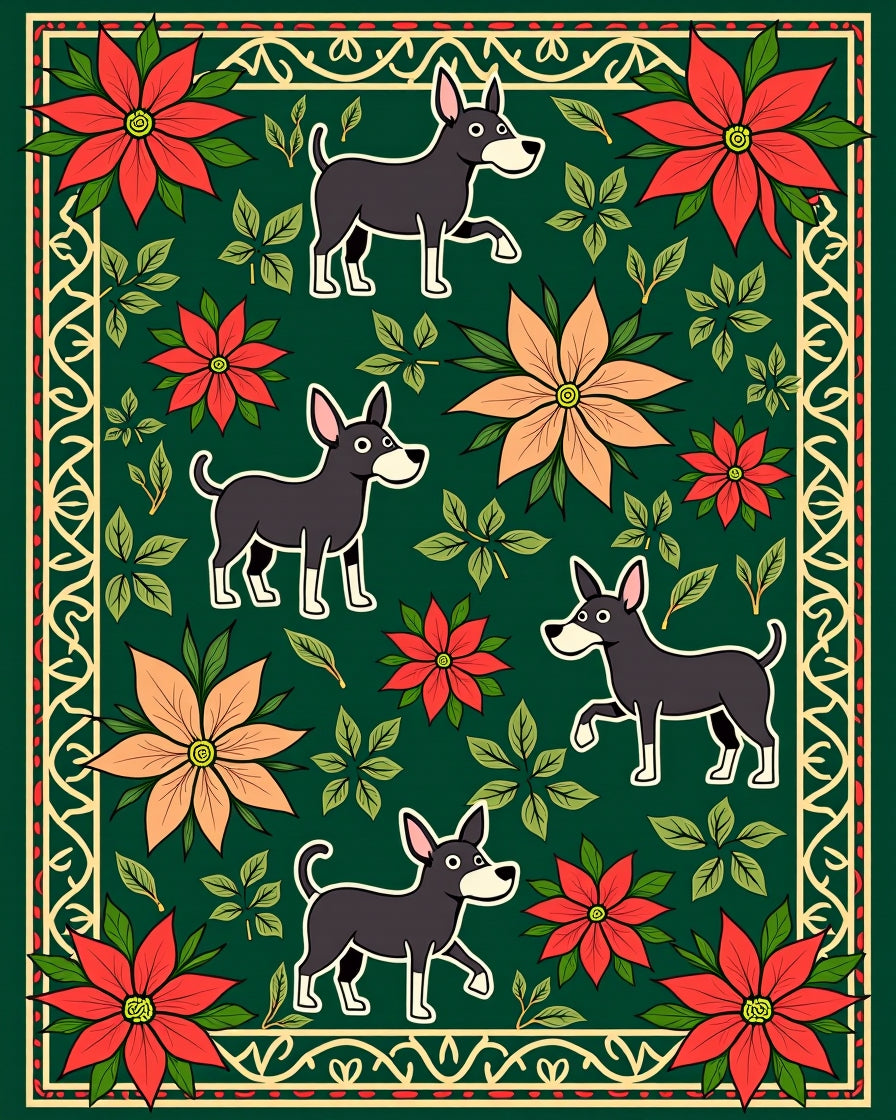 Whimsical Dark Dog Floral Garden Rug