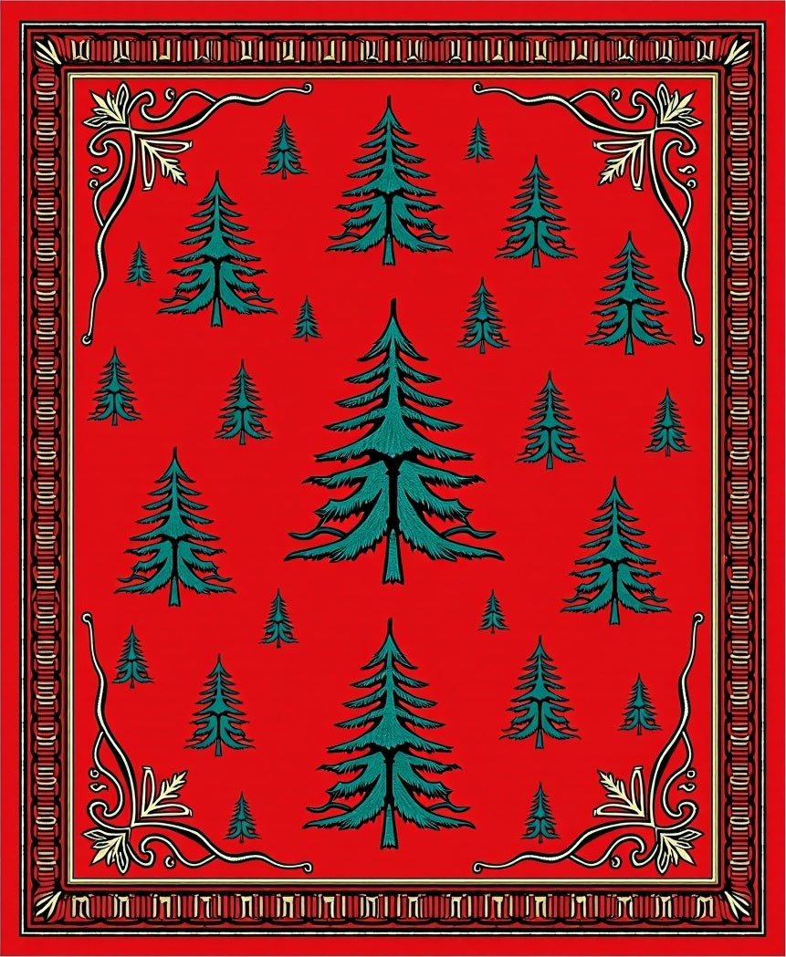 Red Evergreen Tree Forest Border Rug