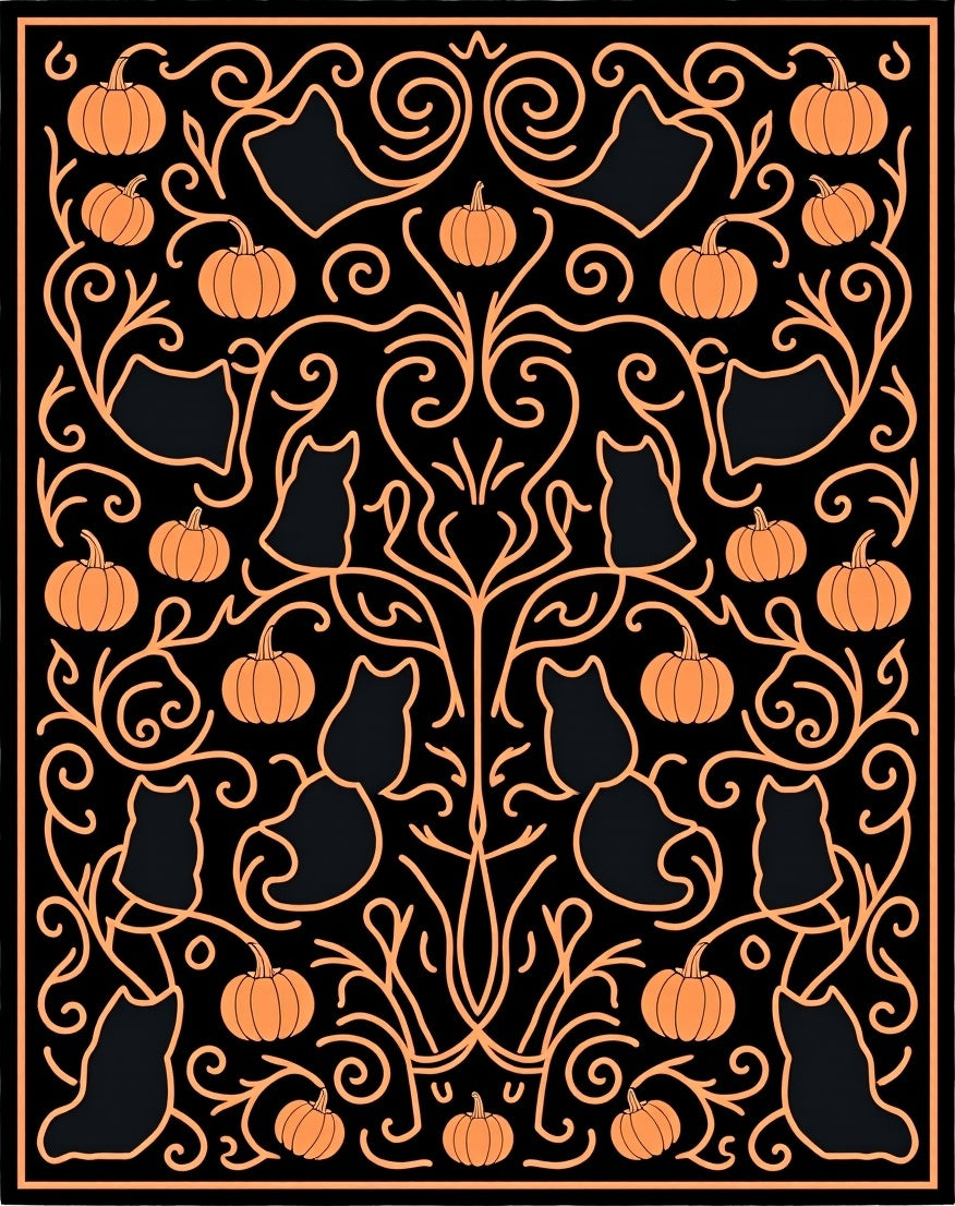 Orange Black Cat Pumpkin Vine Rug